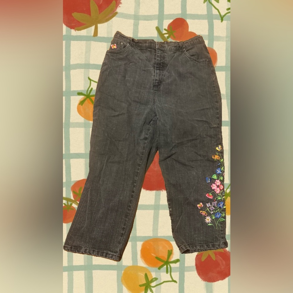 Black jeans w/ floral embroidery